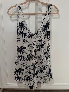 Women's White & Black Palm-Print Romper